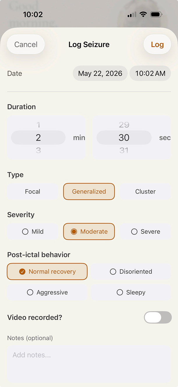 Bond Log Seizure form capturing type, duration, severity, and post-ictal behavior